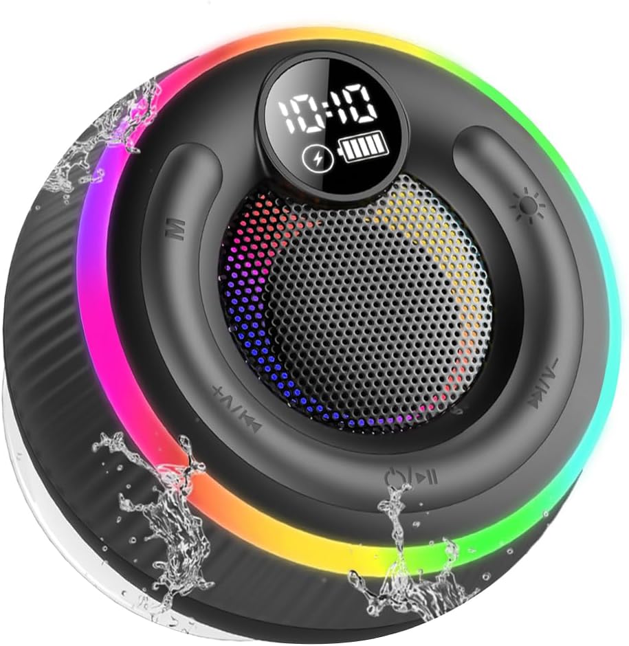 Bluetooth Speaker,Portable Shower Speaker Wireless with Time Display,IPX7 Waterproof Speaker with RGB Lights,Stereo Bass,Radio,Mini Speaker for Bathroom,Party,Travel,Outdoor