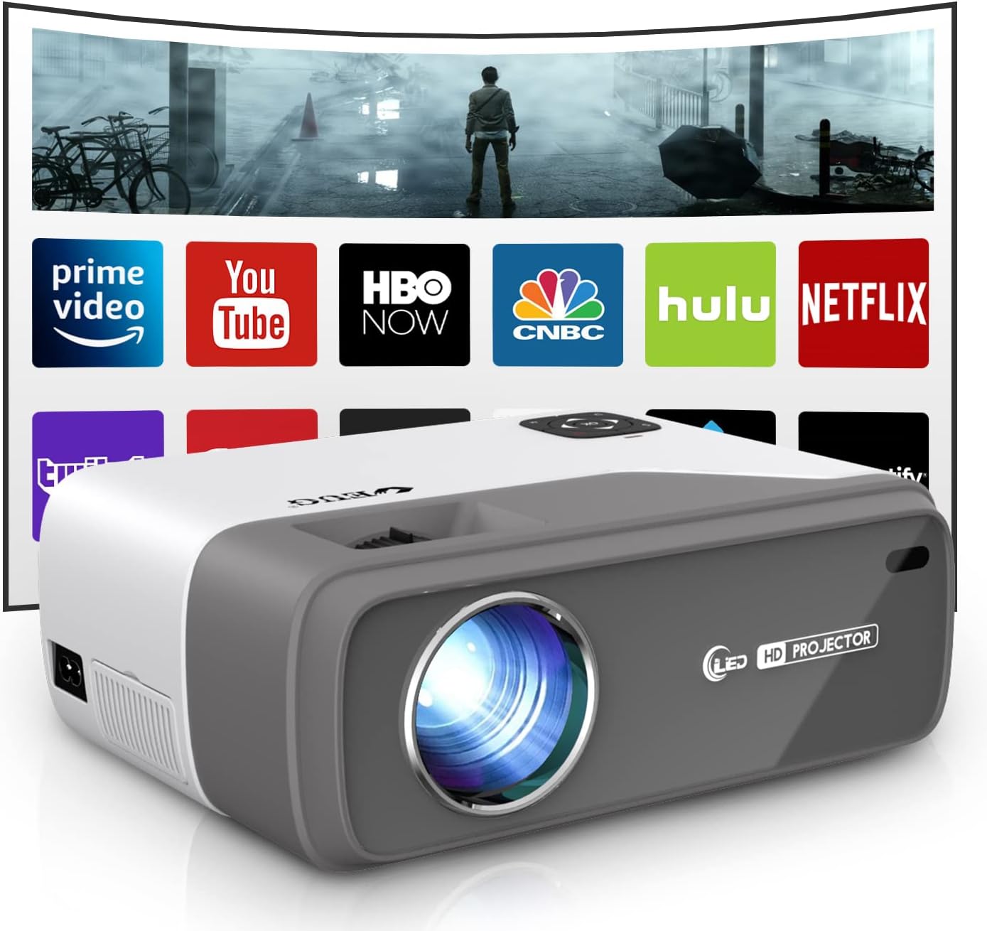 Portable Projector 4K with Wifi Bluetooth, Mini Native 1080p Smart TV Projector Netflix YouTube, 200" Screen Gaming Home Cinema Outdoor Movie Projector HDMI USB