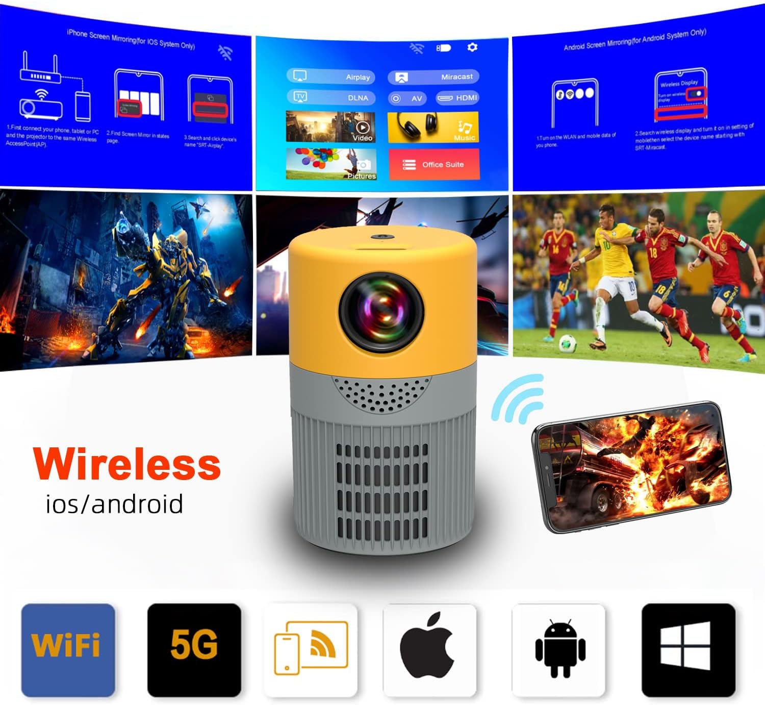 Bargainpop Portable WIFI Mini Projector LED Video Projector Upgraded Wireless Cast for Smartphones iPhone Adroid Phone Supports 1080P for Home TV Computer, Laptop Movie, Party Game, For Outdoor Camping with HDMI USB AV Interfaces (Yellow)