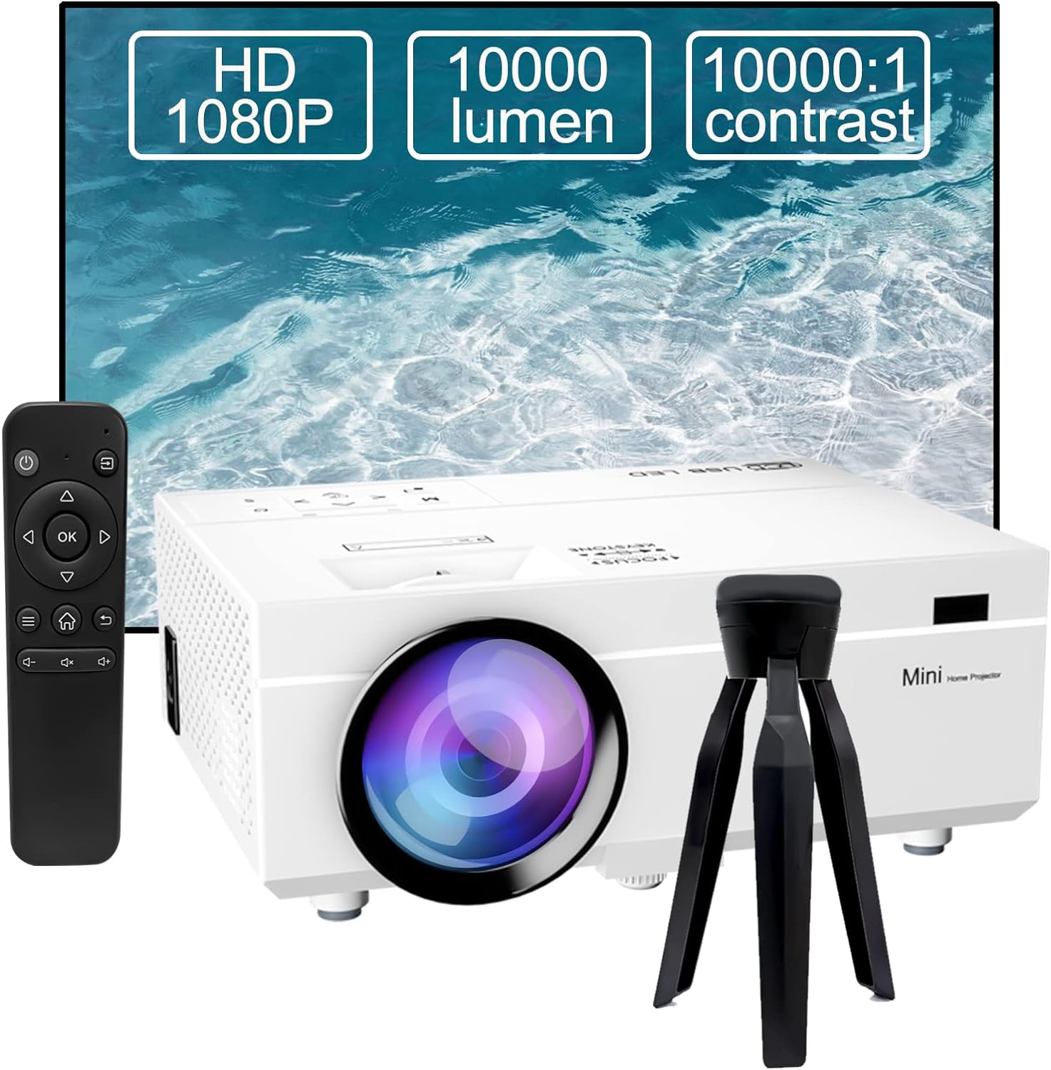 Mini Full HD 1080P 10000 Lumen Projector Supports 4K Video, LED Home Cinema, 300 Inch Display, LCD, Compatible with Laptop, TV Stick, HDMI, VGA, USB, VG, iPhone, Smartphone