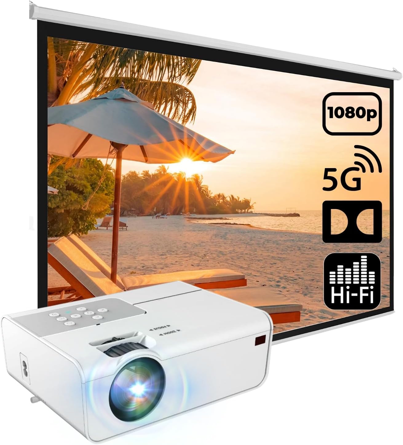 Miraklass WiFi Video Projector 1080P 280 Ansi Lumens with HiFi Stereo, Home Theater Wireless Mirroring Projector for iOS, Android, TV-Stick, Compatible with HDMI, USB, Audio, TF Card, VGA and AV