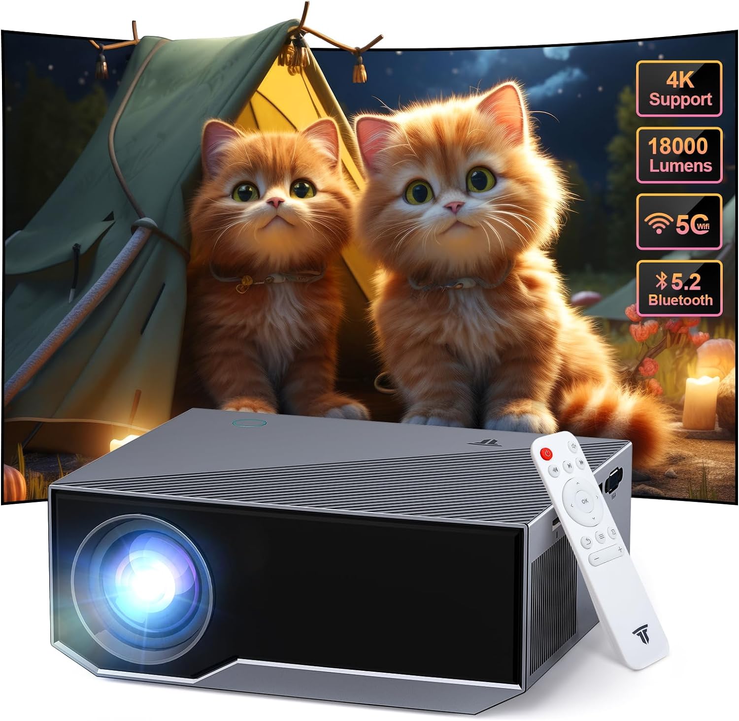 Projector 4K Supports Full HD 1080P, 5G WiFi Bluetooth Projector, 18000 Lumens Mini Projector Home Cinema Projector, 300 Inch Max Picture Portable Projector Compatible with