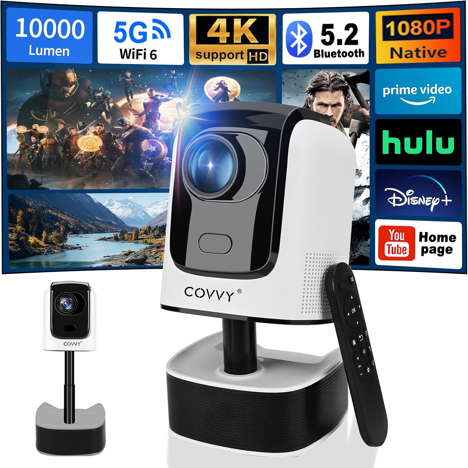 COVVY Retractable Projector with Pan/Tilt Function, Full HD 1080P Home Cinema Video Projectors with WiFi and Bluetooth, Supports 4K, Portable Outdoor Home Cinema for Phone/Tablet/PC/TV Stick (White)