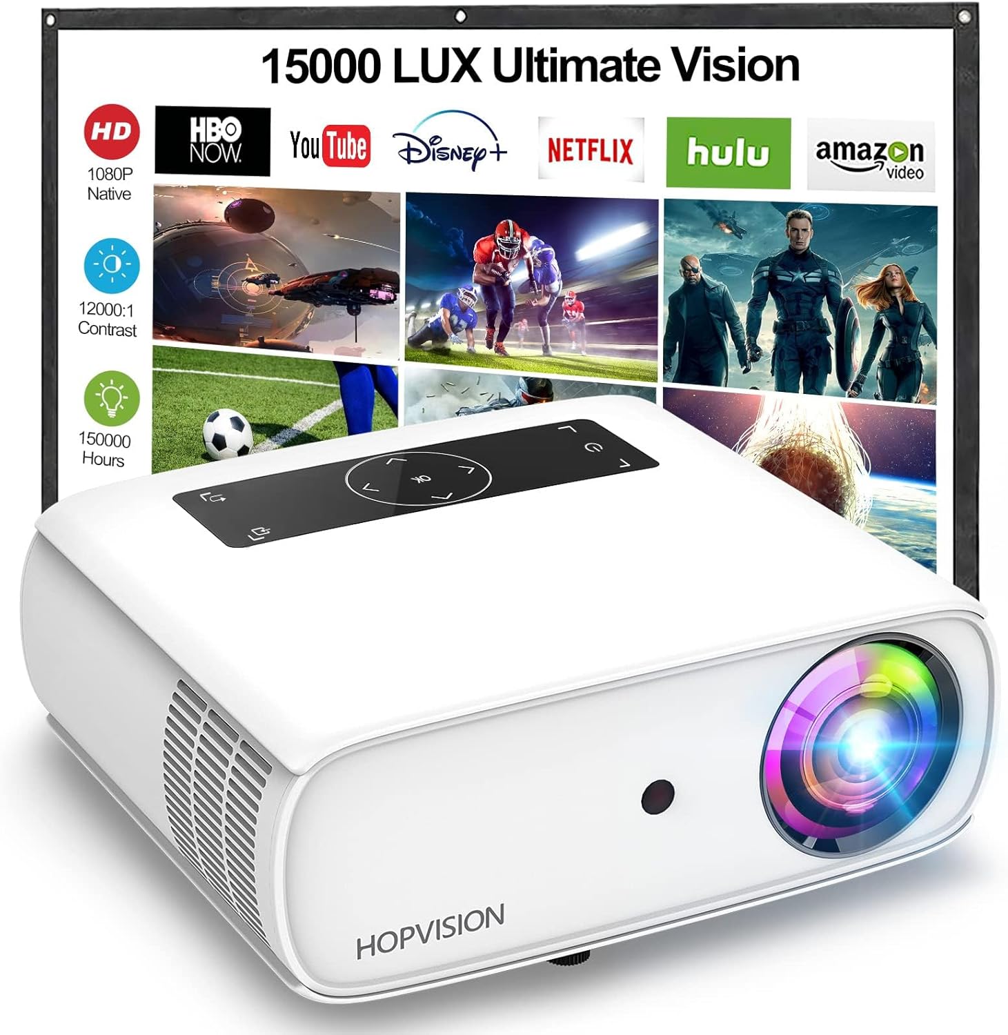 HOPVISION Native 1080P Projector Full HD, 9500Lux Movie Projector with 150000 Hours LED Lamp Life, Support 4K 350" Home Outdoor Projector for Smartphone/PC/Laptop/ PS4/ TV Stick/EXCEL/PPT