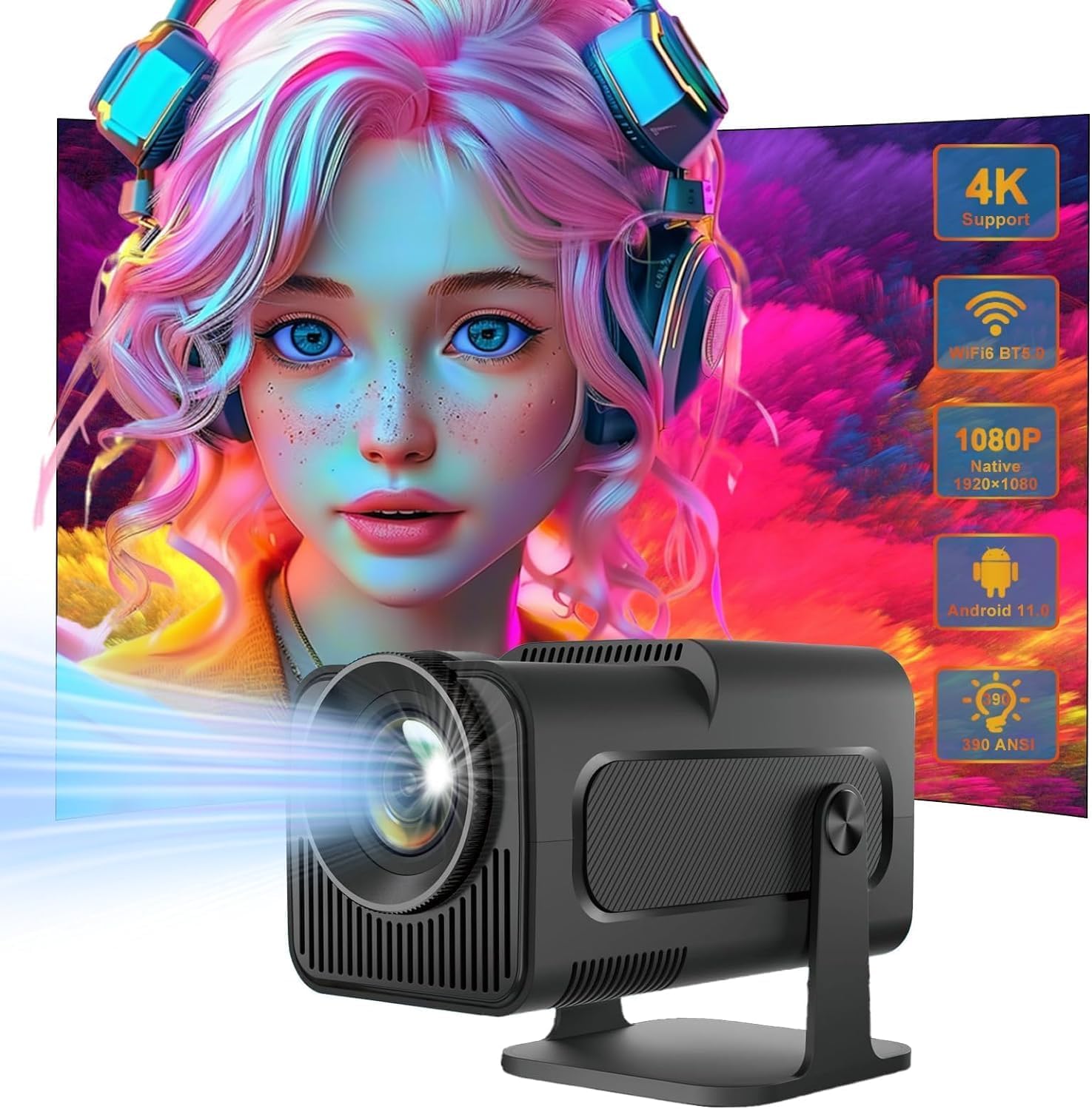 LucZeng Mini Projector - [Auto Keystone] HY320 Portable Projector 1080P Native FHD with 5G WiFi 6 BT 5.0, 4K Support 390ANSI Smart Outdoor Home Cinema Movie Projector, 180 Degree Rotation