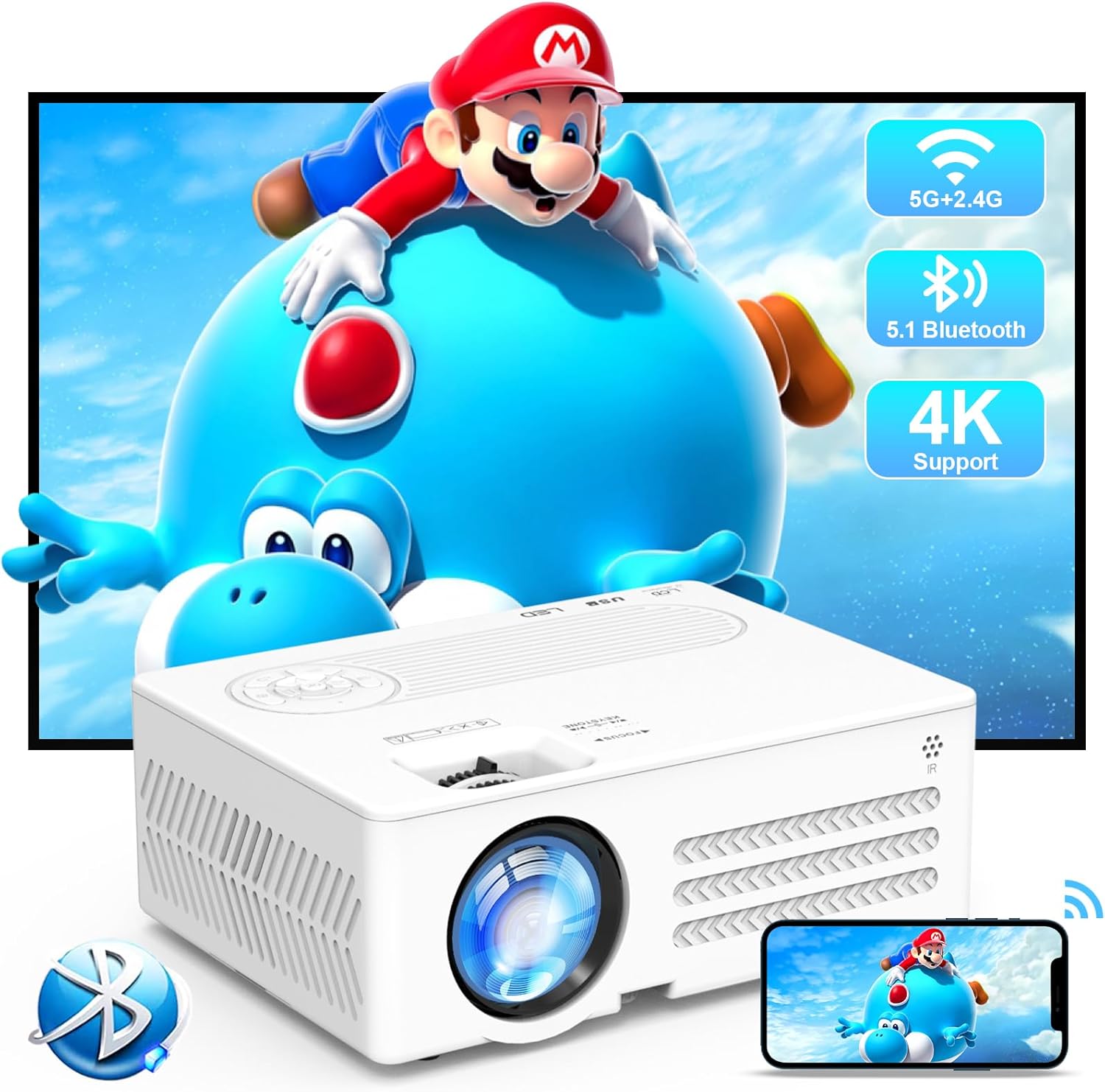 Native 1080P 5G WiFi Projector, YOOYAA Bluetooth 5.1 Video Projector, 4K Supports 8500L, Compatible with HDMI USB VGA AV TF, Smartphones, Laptops, TV Stick/Box, Portable Home Cinema Projector