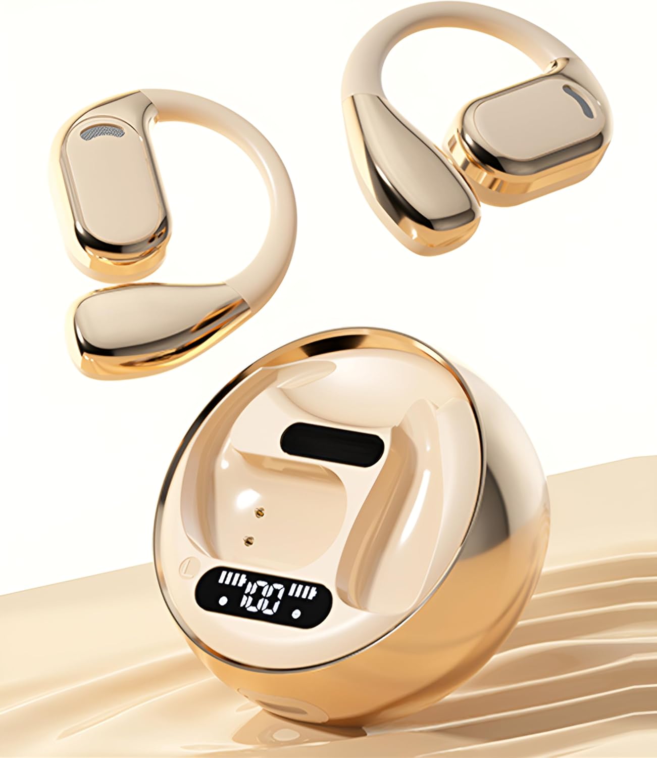 SPOTFISH Open Ear Headphones, True Wireless Earbuds Bluetooth 5.4,Hanging Ear Sports Earphones,ENC Noise Cancelling Clear Calls，Easy Touch Control，Advanced Aesthetics Charging Case-M76 (beige)