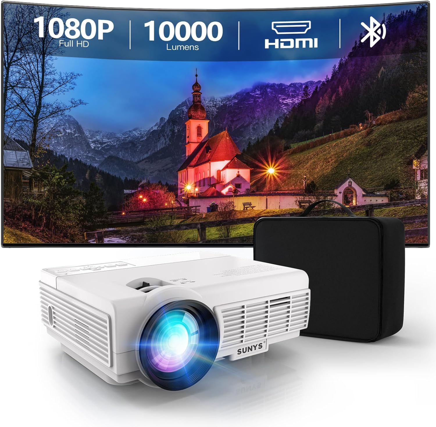 Sunys Potable Mini Projector, 10000 Lumens, 1080P Projector with Bluetooth, Outdoor Movie Projector with Carry Bag, Phone Projector Compatible with HDMI/USB/PCs/TV Stick/GamePad