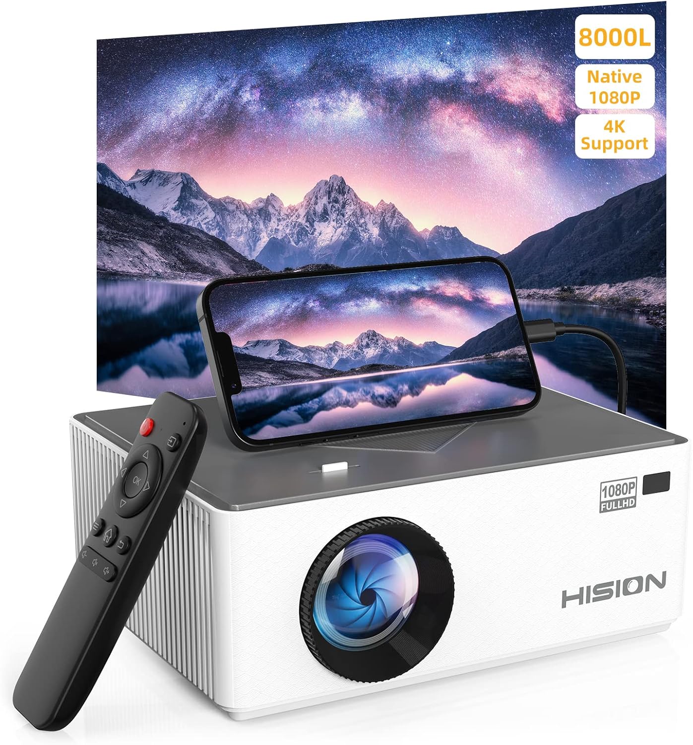 Mini Projector Native 1080P Outdoor Movie Projector, HISION 8000L Portable Home Theater 4K Support Video Projector Compatible with TV Stick, HDMI, VGA, USB, Laptop, DVD, iOS & Android Smartphone
