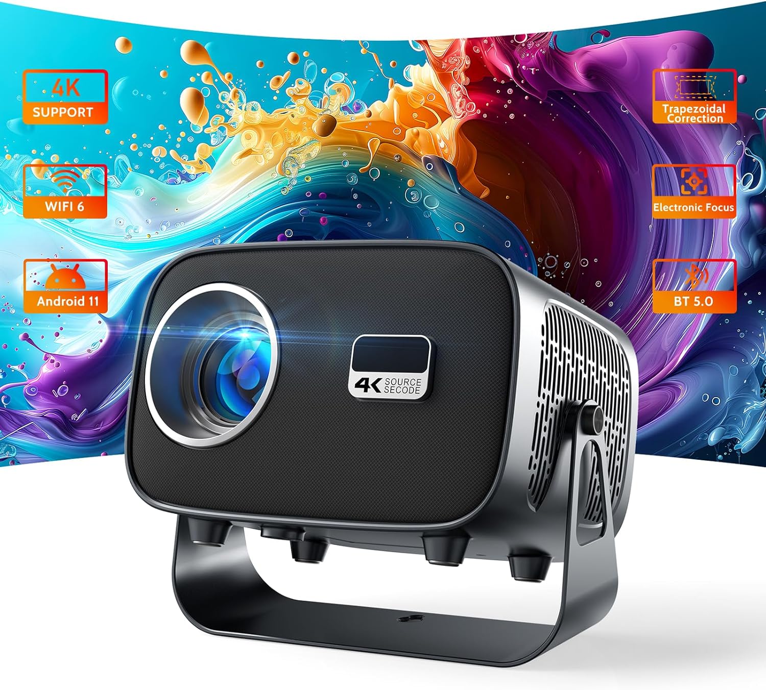 Mini Projector 4K, Portable Projector Smart with 5G WiFi and Bluetooth, TV Projector for Bedroom Home Cinema, Video Movie Projector Android Phone Outdoor, 1080P, 15000LM