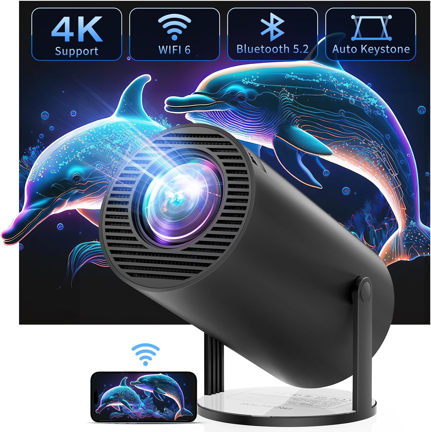 CLOKOWE 4K Mini Projector with WiFi and Bluetooth - FHD 1080P Supported, 180° Rotation & Auto Keystone, Portable Outdoor Movie Projector, Compatible with TV Stick/Windows/iOS/Android/HDMI/USB