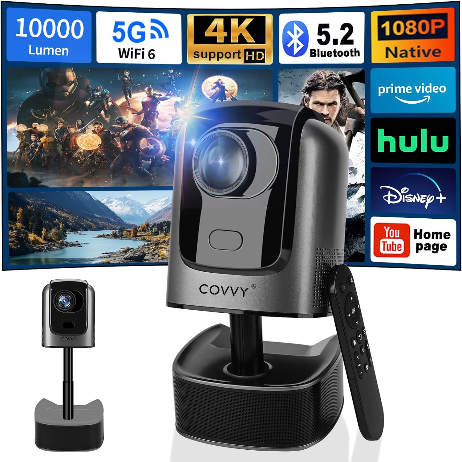 COVVY Retractable Projector with Pan/Tilt Function, Full HD 1080P Home Cinema Video Projectors with WiFi and Bluetooth, Supports 4K, Portable Outdoor Home Cinema for Smartphone/Tablet/PC/TV Stick
