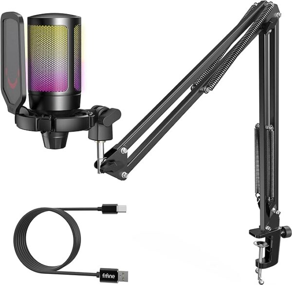 USB PC Microphone Kit, FIFINE Gaming Streaming Podcast Mic Set for Recording, Chat, YouTube Video, Computer Condenser RGB Microphone for PS4/PS5 with Tap-to-Mute, Gain Knob, Boom Arm Stand-A6T