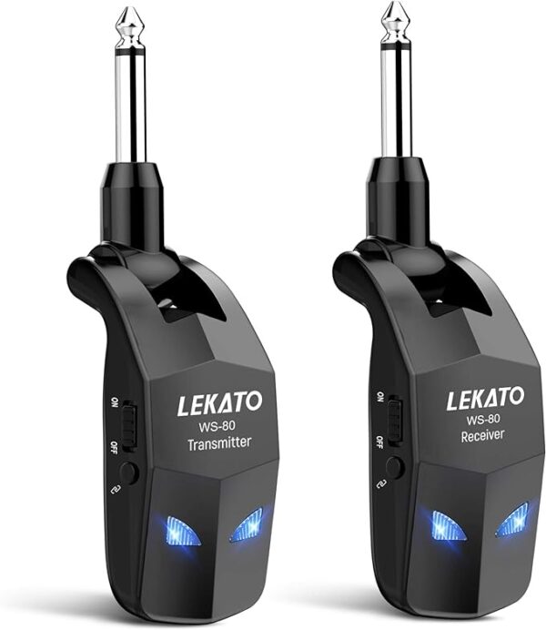 LEKATO Wireless Guitar System 2.4Ghz Audio Wireless Transmitter Receiver with 4 Channels for Electric Guitar and Bass Rechargeable Guitar Wireless Transmitter and Receiver for Electric Instruments